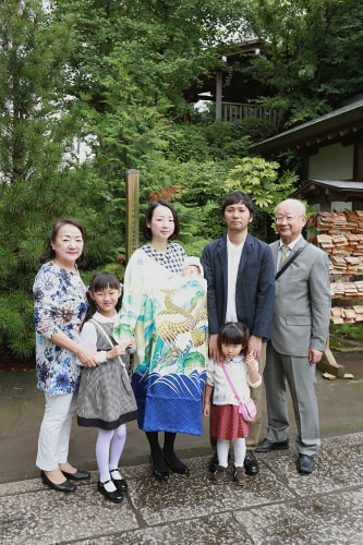 お宮参り写真 撮影場所 水天宮 日枝神社 お宮参り着物着付け、全員集合写真